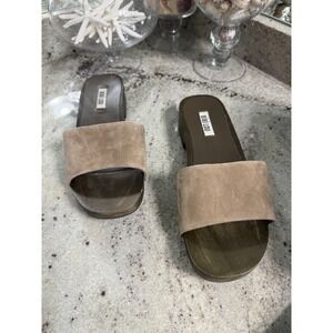 Bibi Lou Tan Suede Slide Mules Wood Sole Studded Sandals 38EU 8US